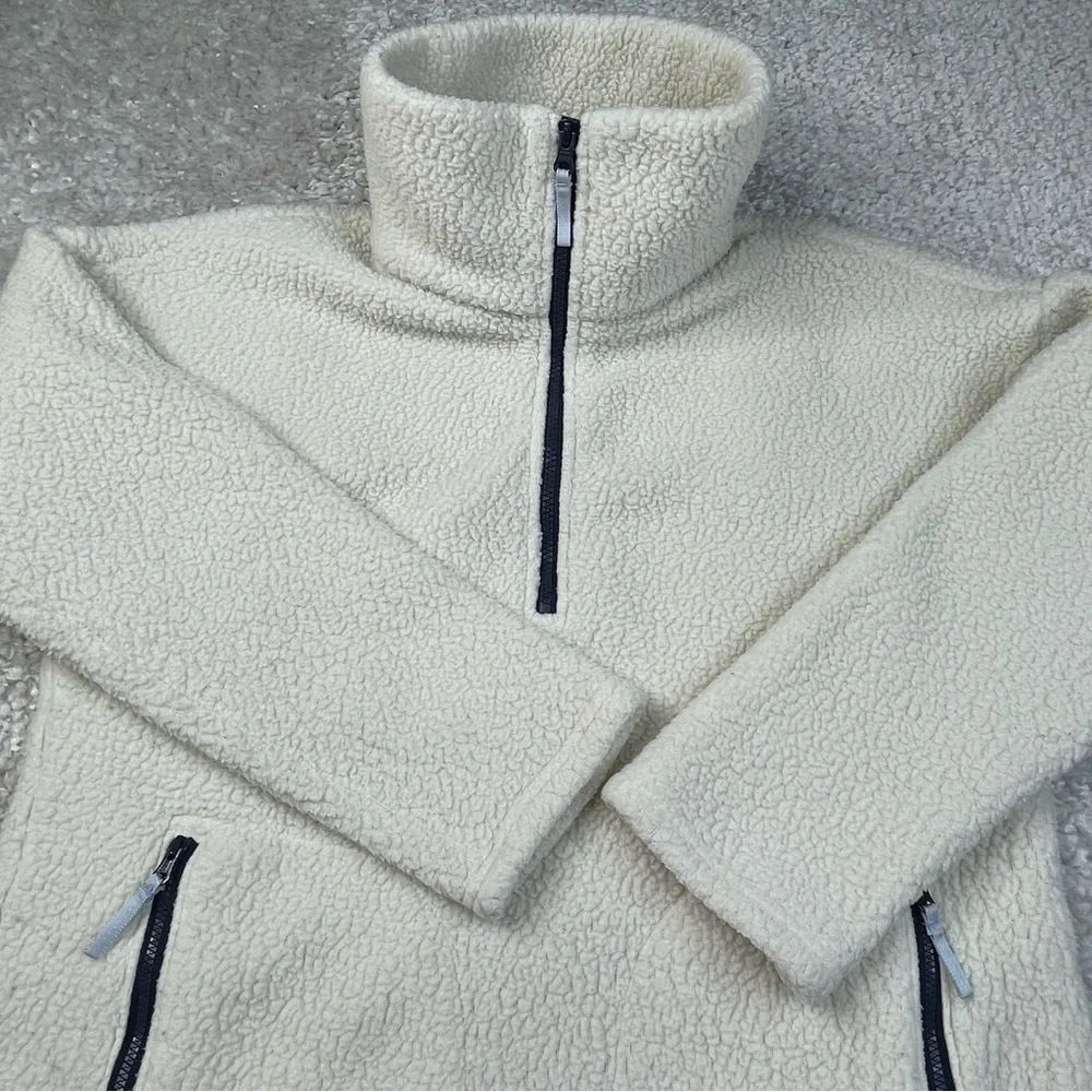 J.Crew Size M 1/4 Zip Jacket Fleece Bright Ivory Pockets Sherpa Cozy Layer Cabin